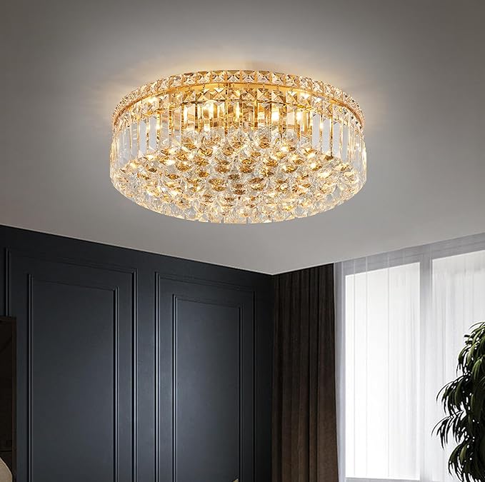 6-Lights Gold Crystal Flush Mount Chandelier Light Fixture K9 Crystals Modern Ceiling Lights Elegant Pendant Lamp for Bedroom,Hallway,Bar,Living Room,Dining Room,H5.9 xW20 (Bulbs Not Included)-Ruum Studio Home