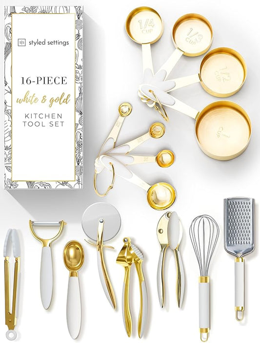 Styled Settings White and Gold Kitchen Utensils Set – 16-Piece Silicone Cooking Utensils with Measuring Cups and Spoons-Ruum Studio Home