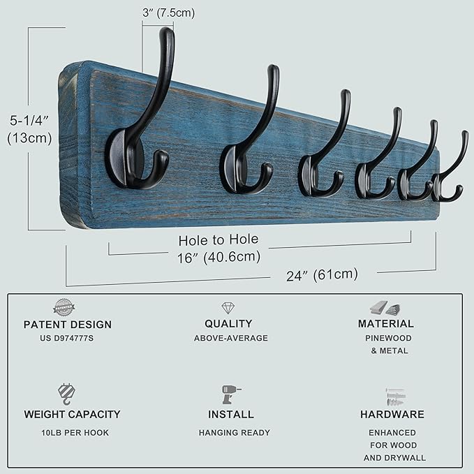 Dseap Coat Rack Wall: 24" Long, Patented, Heavy-Duty, 6-Double-Hooks Wooden Wall Mounted Coat Rack Coat Hanger Hook Rail for Winter Coats Hat Jacket Clothing, Weathered Blue, Pack of 2-Ruum Studio Home