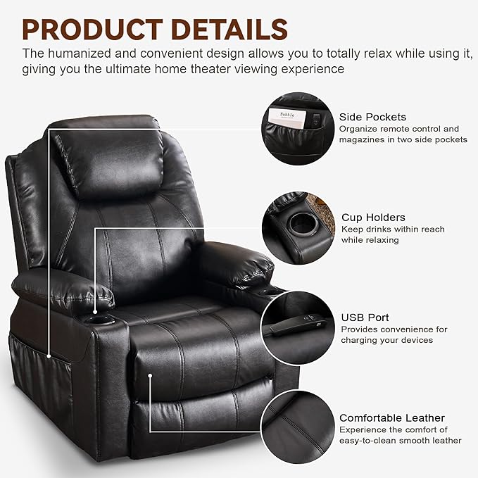 SALOHZA Power Lift Recliner Chair for Elderly with Massage and Heat for Living Room, Electric Recliner Chair for Adults with USB/Type C Port/Cup Holders, PU Faux Leather, Black-Ruum Studio Home