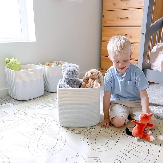 NaturalCozy Storage Cubes 11 Inch Cotton Rope Woven Baskets for Organizing, 3-Pack | Cube Storage Bin | Square Storage Baskets for Shelves Organizer, Classroom, Kids Toy Bins, Closet, Baby Nursery-Ruum Studio Home