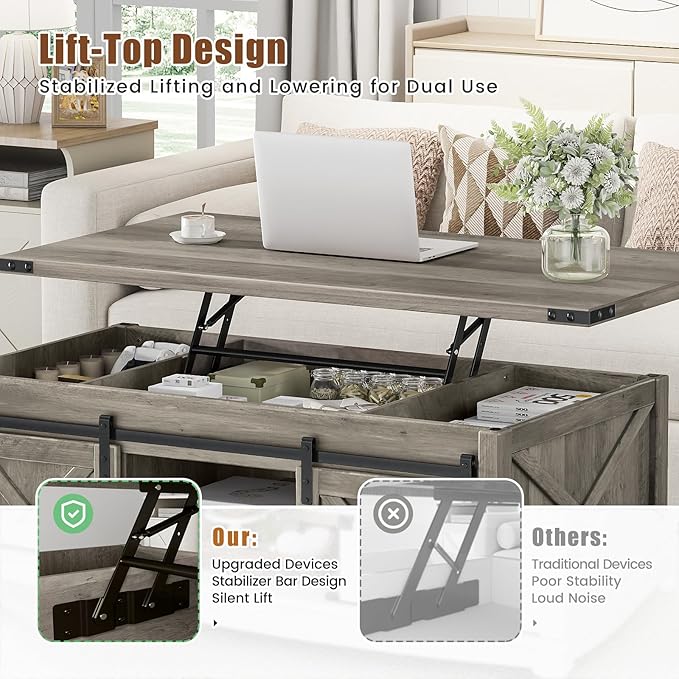 48" Farmhouse Lift Top Coffee Table with Storage Sliding Barn Door & Large Hidden Compartment, Coffee Table with Lifting Top with Wooden Lift Tabletop, Coffee Tables for Living Room, Grey-Ruum Studio Home