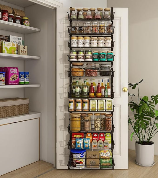 10-Tier Over The Door Pantry Organizer, Pantry Organization and Storage, Black Metal Hanging Adjustable Basket, Wall Spice Rack Seasoning Shelves, Home & Kitchen Essentials-Ruum Studio Home
