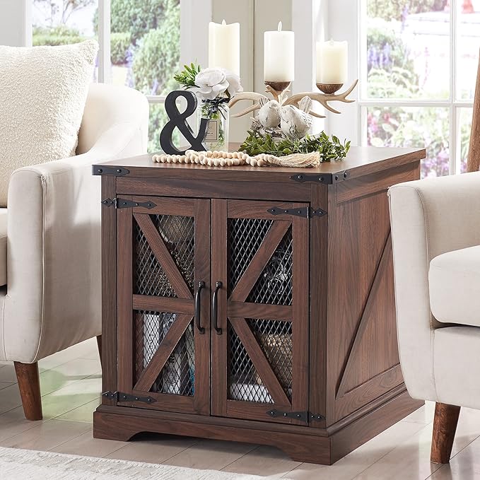 JXQTLINGMU Farmhouse End Table, 24" Large Sofa Side Table with Charging Station, Mesh Barn Door, and Adjustable Storage Shelf, Rustic Wood Square Nightstand for Living Room, Bedroom, Office, Brown-Ruum Studio Home