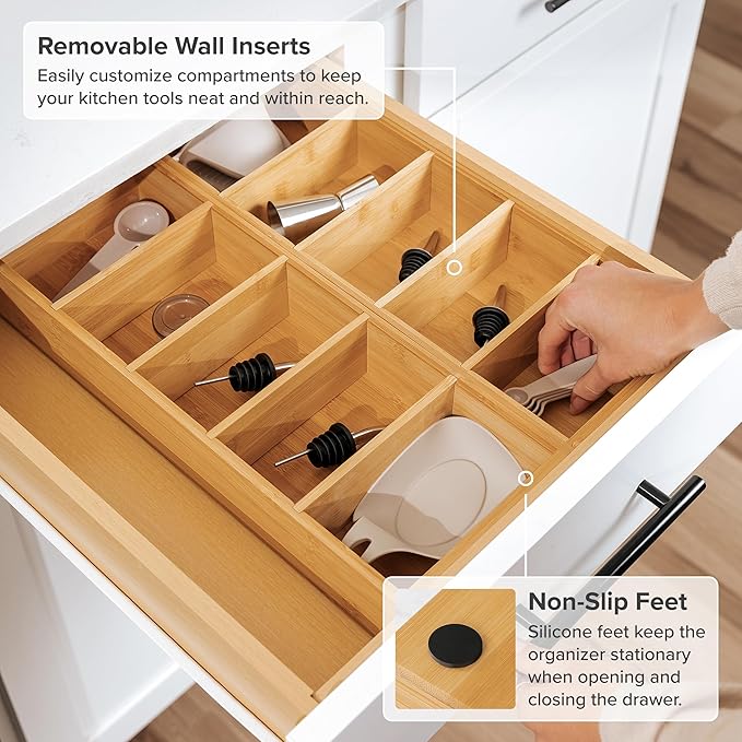 Premium Kitchen Utensils and Junk Drawer Organizer – Small 5-Compartment Design with 4 Removable Dividers, Non-Slip Feet, 100% Sustainable Bamboo-Ruum Studio Home
