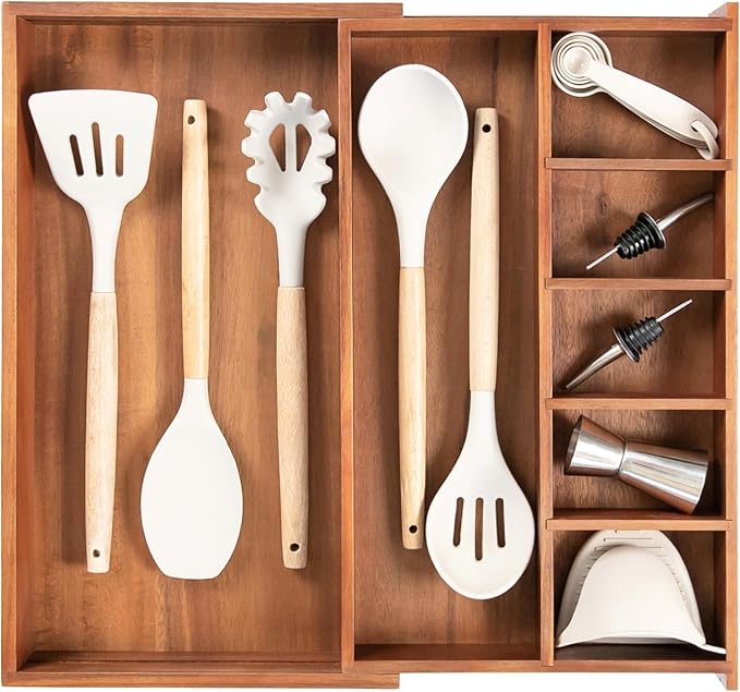 Adjustable Kitchen Drawer Organizer for Utensils and Junk, Food-Safe Contract Grade with 100% Sustainable Wood, Non-Slip, Expandable from 10.5 to 18.5 Inches Wide - Natural Acacia-Ruum Studio Home