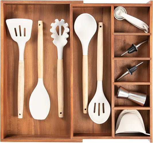 Adjustable Kitchen Drawer Organizer for Utensils and Junk, Food-Safe Contract Grade with 100% Sustainable Wood, Non-Slip, Expandable from 10.5 to 18.5 Inches Wide - Natural Acacia-Ruum Studio Home