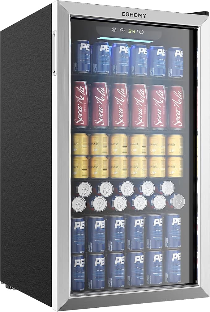 EUHOMY Beverage Refrigerator Cooler, 130 Can Mini Fridge with Glass Door for Soda Beer or Wine, Beverage Cooler for Home, Office, Bar with Adjustable Removable Shelves, Silver-Ruum Studio Home