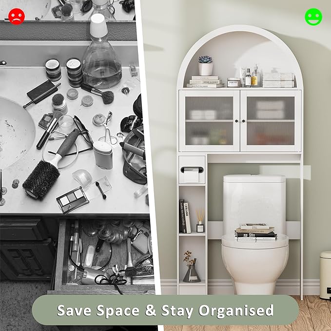 Over The Toilet Storage Cabinet, 31''W Arched Space-Saving Bathroom Organizer with Adjustable Shelf and Acrylic Doors, Freestanding Over Toilet Cabinet for Bathroom, Laundry, Restroom (White)-Ruum Studio Home