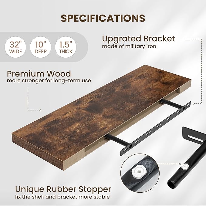 Fun Memories Floating Shelves for Wall, 32 Inch Long Floating Shelves Set of 2, 32 x 10 Wooden Shelves for Wall, Large Storage Shelves, Hanging Shelves for Bathroom Kitchen Bedroom, Rustic Brown-Ruum Studio Home