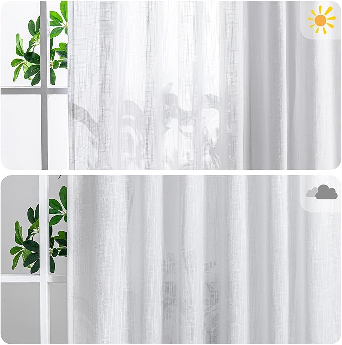 MYSKY HOME Floor to Ceiling Curtains 108 Inches White Sheer Window Drapes 1 Panel for Sliding Glass Door Back Tab Draperies Linen Look Boho Fabric, Soft Cotton Blend Light Filtering for Living Room-Ruum Studio Home