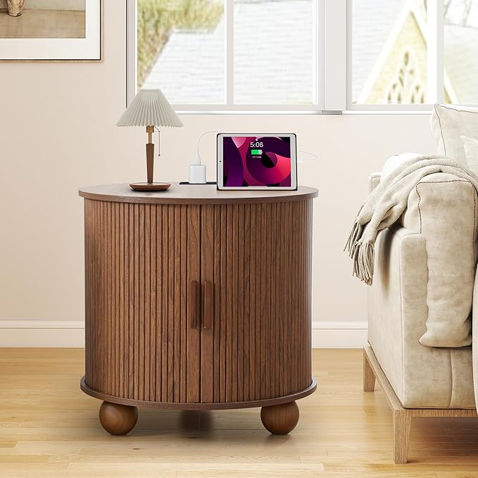 AVZEAR 24" Large Round End Table with Charging Station, Farmhouse Fluted Sofa Side Table with Sliding Tambour Door & Storage, Mid-Century Wood Nightstand for Living Room, Bedroom, Walnut-Ruum Studio Home