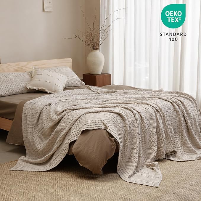 PHF 100% Cotton Waffle Weave Blanket Twin Size, Soft Lightweight Breathable Cozy Summer Blankets for Bed, Luxury Aesthetic Woven Bedding for Home Decor, 66"x90", Oatmeal-Ruum Studio Home