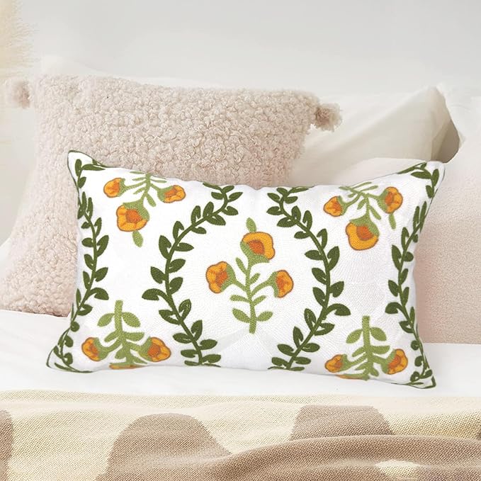 Alysheer Flower Embroidered Summer Decorative Lumbar Throw Pillow Cover 12"x 20", Farmhouse Cottage Orange Floral Green Leaves Patterned Cotton Canvas Cushion Case for Sofa Couch Bed Living Room-Ruum Studio Home