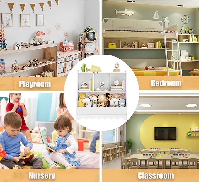 Wood Kid Storage Cubby, Toy Storage Organizer with Bookshelf, 32"L x 15"D x 31"H Montessori Toy Shelf, Nursery Book Shelves, Wooden 4-Cubby Children Book Shelf for Playroom Classroom, White-Ruum Studio Home