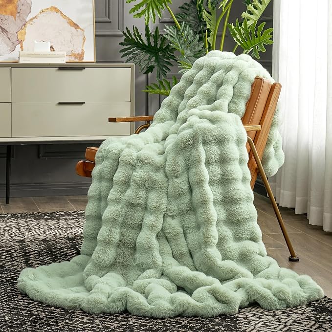 Cozy Bliss Faux Fur Throw Blanket for Couch, Fuzzy Soft Plush Thick Bubble Blanket for Sofa Bedroom Living Room, 60 * 80 Inches Sage Green-Ruum Studio Home