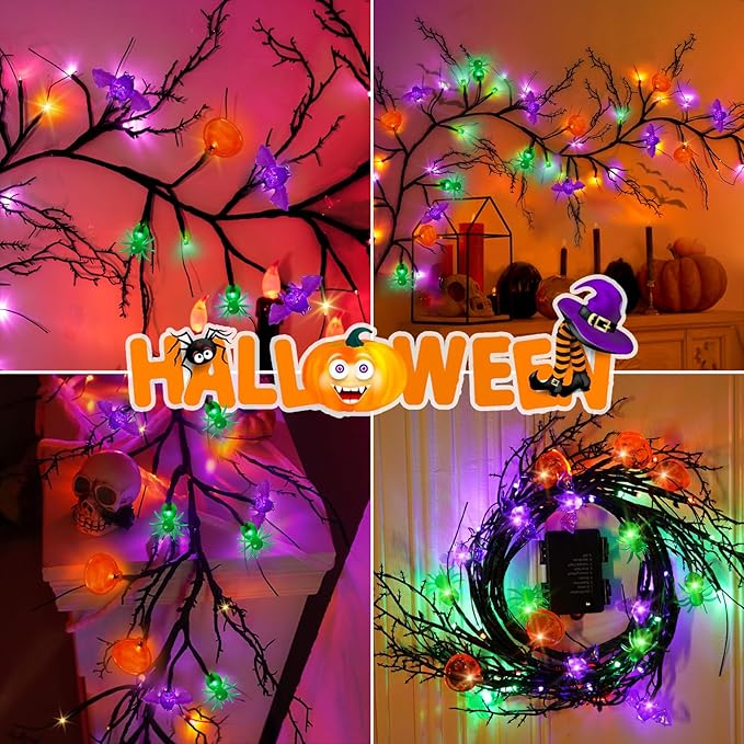 [8 Modes & Timer] 6 Ft Halloween Willow Vine Twig Decor Garland with Bats Pumpkins Spiders Lights, 54 LED Battery Operated Halloween Lights for Indoor Home Mantle Fireplace Decor-Ruum Studio Home