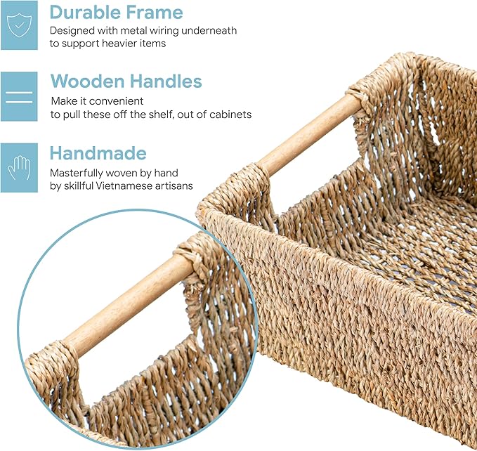 Natural Seagrass Storage Basket with Handle, Rectangular Woven Organizer Bin for Living Room or Shelf, Decorative Storage Basket, Medium Size 13.4 x 9.3 x 4.9 Inches-Ruum Studio Home