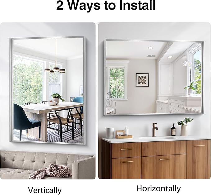 Silver Bathroom Mirror, 36x48 Inch Rectangular Deep Frame Mirror, Large Wall Mounted Bathroom Vanity Mirror Over Sink for Bedroom,Restroom, Living Room, Hangs Vertically or Horizontally-Ruum Studio Home