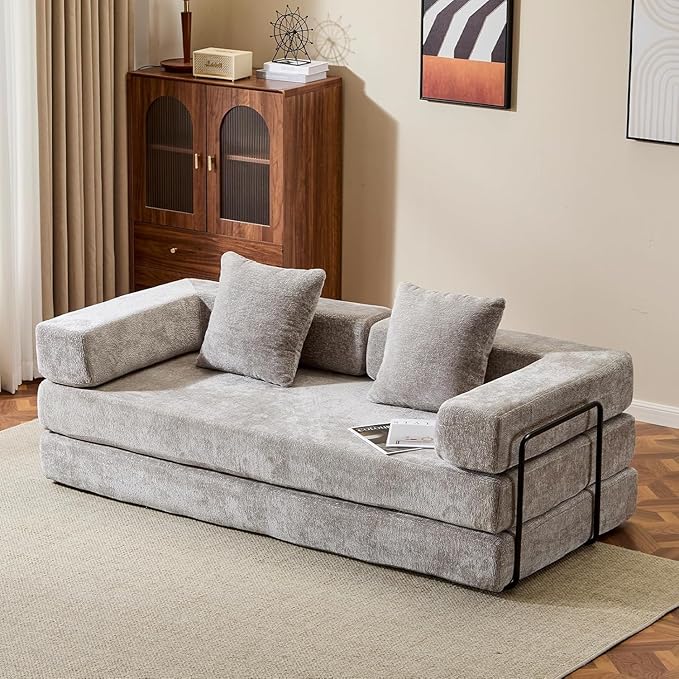 Convertible Sleeper Sofa Bed, Compression Folding Sofa with Pillow, No Assembly Required, Shape Frame, Floor Sofas Lounge Couchs for Living Room, Bedroom, Small Spaces(Chenille, 77''W, Light Grey)-Ruum Studio Home