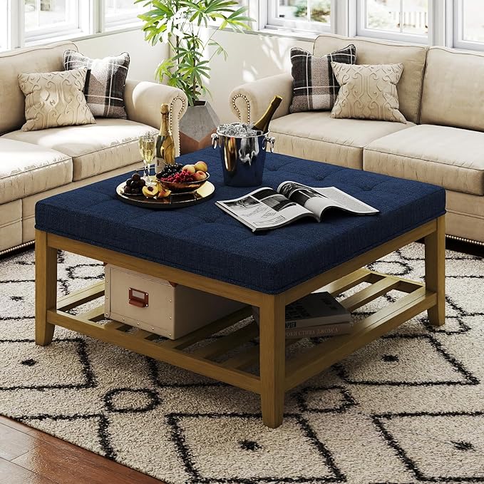 Large Square Ottoman Coffee Table, Linen Solid Upholstered Footrest Ottoman with Solid Wood Shelf Storage Tufted Coffee Table for Bedroom Living Room, Navy Blue-Ruum Studio Home