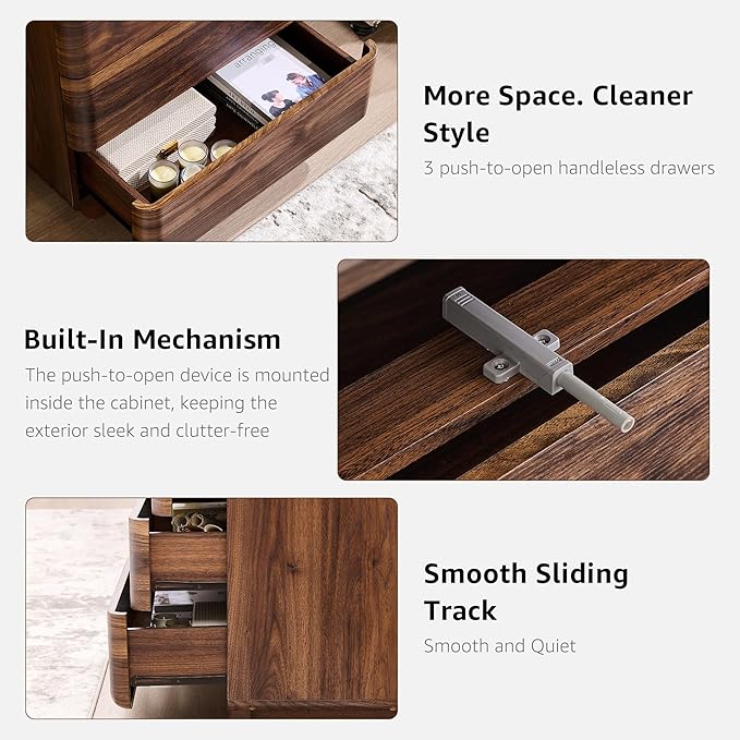 JXQTLINGMU 22" Modern Nightstand with Charging Station, Large Push-to-Open End Table, Wood Bedside Table w/Curved Profile Design, Handleless 3 Drawer Night Stand for Bedroom, Living Room, Brown-Ruum Studio Home