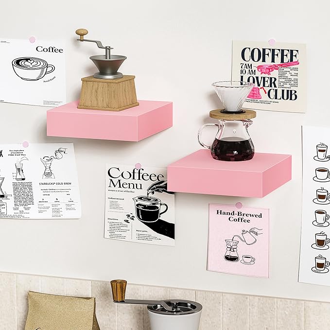 BAMEOS Pink Floating Shelves for Wall, 6" x 6" Wall Shelves for Room, Floating Book Shelves, Hanging Shelves for Bedroom, Bedroom, Living Room, Kitchen (Set of 2)-Ruum Studio Home
