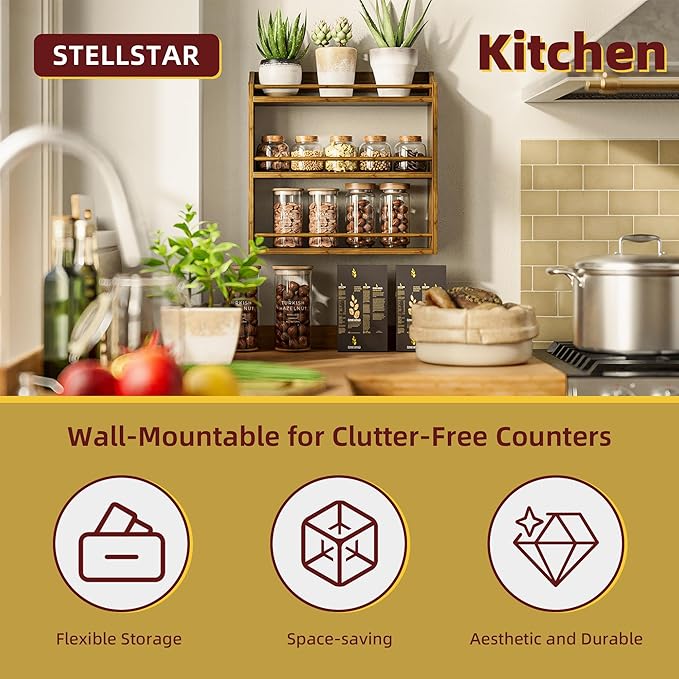 Spice Rack for Countertop, Bamboo Seasoning Jars Organizer Rack Shelf Wall Mounted, 15.83" W x 4.96" D x 15.75" H (Walnut)-Ruum Studio Home