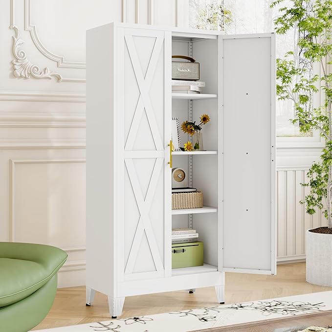 61" H Metal Kitchen Pantry Storage Cabinet, Freestanding Cupboard with 2 Doors and 3 Adjustable Shelves, Standing Storage for Kitchen, Bathroom, Garage, Dinning Room or Utility Room（White）-Ruum Studio Home