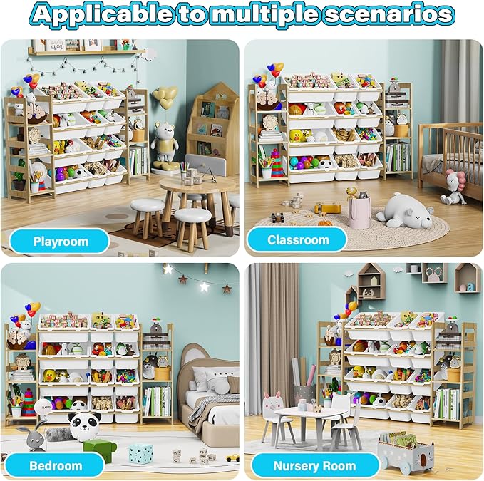 Toy Storage Organizer, with 4-Tier Toy Shelf and 12 Bins, Kids Bookshelf and Toy Storage with 6 Shelves for Kids Room Bedroom Playroom Nursery Room-Ruum Studio Home