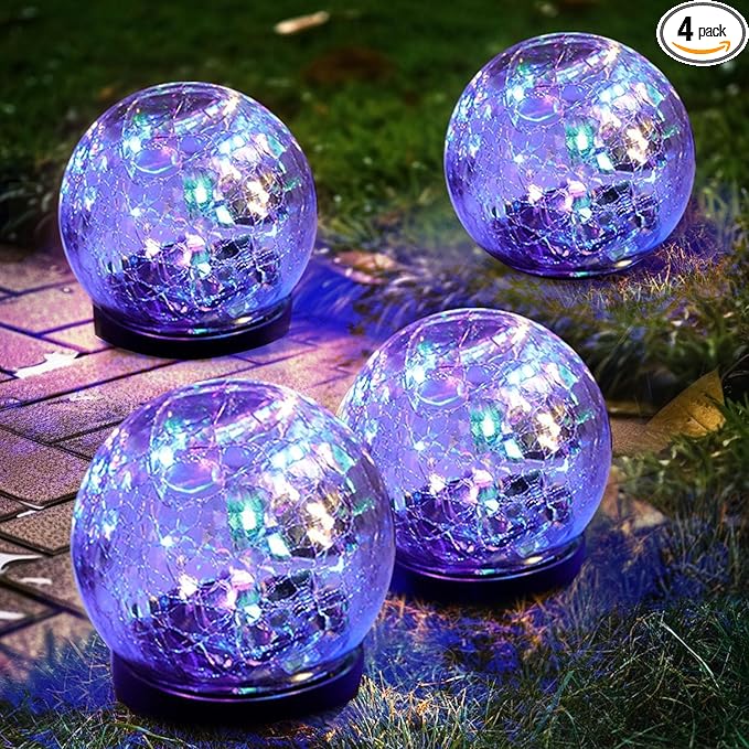 Solar Garden Lights Outdoor Waterproof, 4 Pack Cracked Glass Ball Light, Ground Landscape Garden Decor, Solar Globe Decorative for Pathway/Patio/Lawn/Yard (Multicolor, 4.7")-Ruum Studio Home