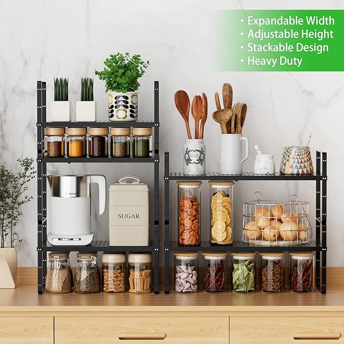 Expandable Cabinet Storage Shelf Stackable Organizer Rack for Kitchen Bathroom Pantry Spice Cupboard Coffee Countertop Home Office Desk Heavy Duty Nonslip Black Large 2 Packs-Ruum Studio Home