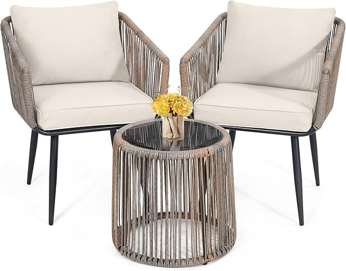 Kromax 3 Pieces Patio Rattan Bistro Conversation Set, Outdoor All-Weather Wicker Furniture Chairs and Side Table Set Ideal for Balcony, Porch and Backyard, Beige-Ruum Studio Home