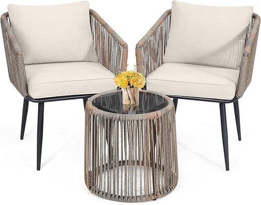 Kromax 3 Pieces Patio Rattan Bistro Conversation Set, Outdoor All-Weather Wicker Furniture Chairs and Side Table Set Ideal for Balcony, Porch and Backyard, Beige-Ruum Studio Home