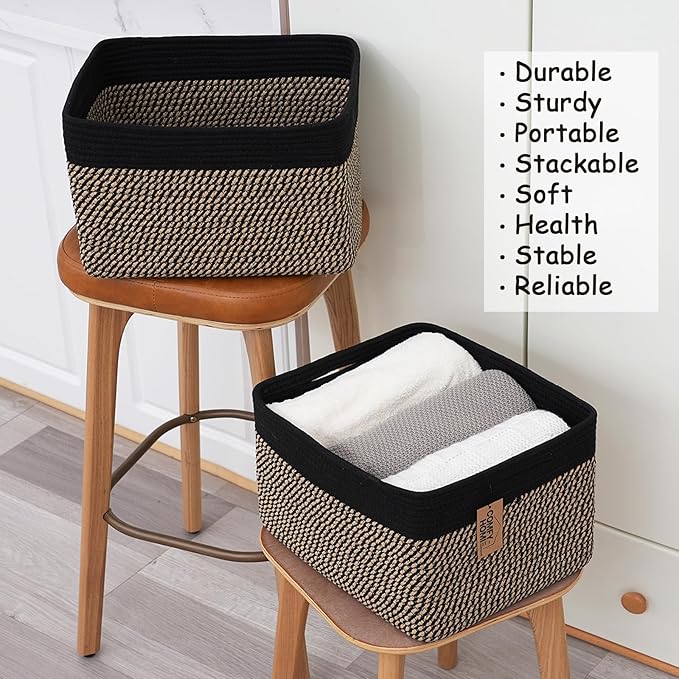 COMFY-HOMI Cotton Rope Woven Basket with Handles for Shelves,Toys,Book, Cloth Storage Baskets Bin for Organizing-13.5"x11"x9.5" Toy Decorative Organizer for Living Room, Bathroom-Black/Jute-Ruum Studio Home