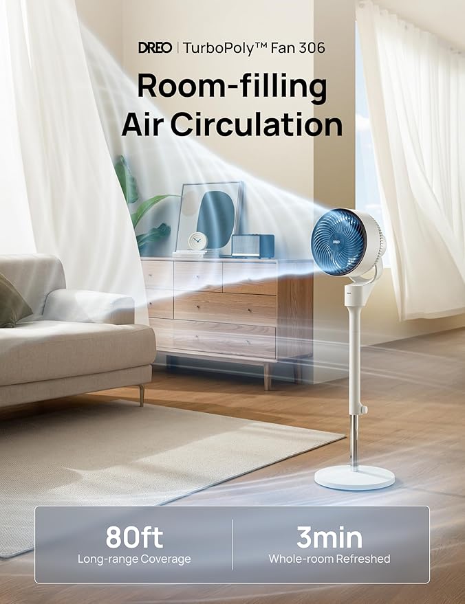 Dreo Fan for Bedroom, 80° Oscillating Standing Fan, 25dB Quiet, 80ft Pedestal Fans for Home Office, 90° Manual Vertical, 3 Speeds, Remote, 34-41" Adjustable Height, Air Circulator-Ruum Studio Home