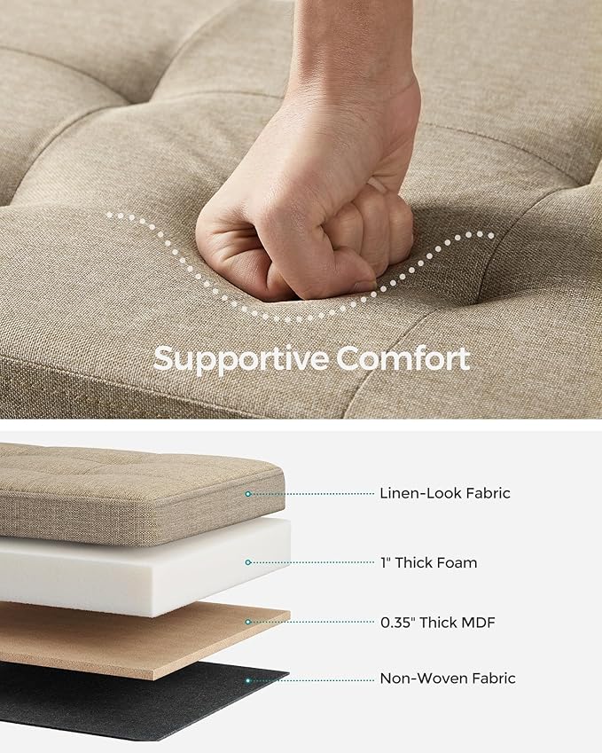 SONGMICS MAZIE Collection - 43 Inches Folding Storage Ottoman Bench, Ottoman Foot Rest, End of Bed Bench, Storage Chest, Load 660 lb, for Living Room, Bedroom, Entryway, Camel Brown ULSF077R01-Ruum Studio Home