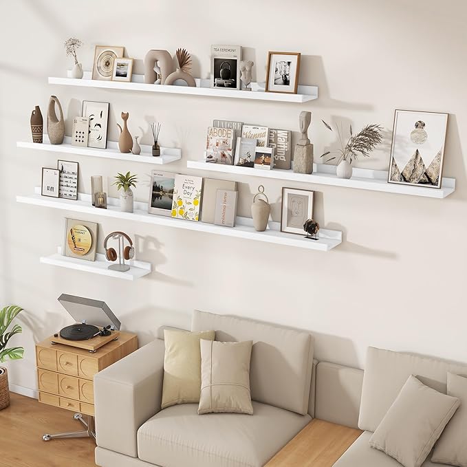 Floating Picture Ledge Shelves 55 Inch Solid Oak Wood Set of 2, Rustic Wall Storage Shelves with Lip, Kids Bookshelf, Photo & Picture Ledge Shelves for Bedroom, Living Room, Kitchen-Ruum Studio Home