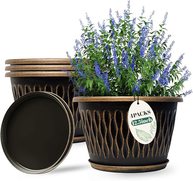 4 Pack 12 Inch Retro Plant Pots, Vintage Striped Flower Pots with Drainage Hole & Saucer, Large Plastic Planters for Indoor and Outdoor Plants, Decorative Garden Pots(Gold)-Ruum Studio Home