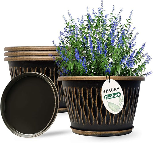 4 Pack 12 Inch Retro Plant Pots, Vintage Striped Flower Pots with Drainage Hole & Saucer, Large Plastic Planters for Indoor and Outdoor Plants, Decorative Garden Pots(Gold)-Ruum Studio Home
