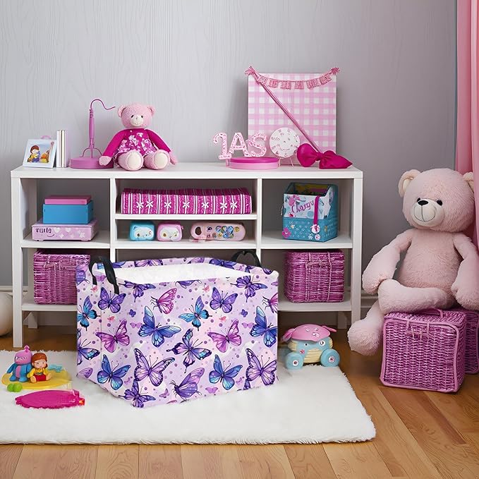 HIYAGON Rectangular Butterfly Basket Baby Storage Basket Storage Bin Organizer Box Room Decor(Purple Butterfly)-Ruum Studio Home