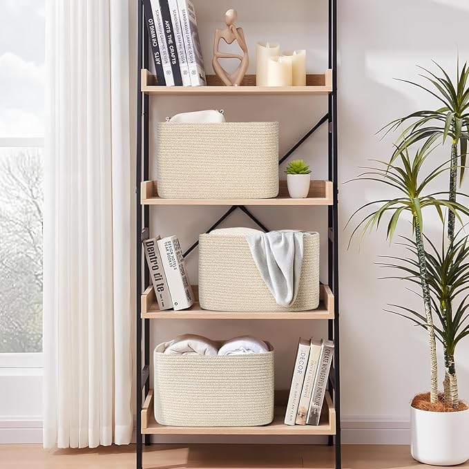 3-Pack Shelf Baskets for Organizing, Woven Storage Basket for Shelves, Cotton Rope Storage Bins for Toys Books, Nursery Towel Baskets for Classroom, 14.96"X9.8"X8.85", Brown-Ruum Studio Home
