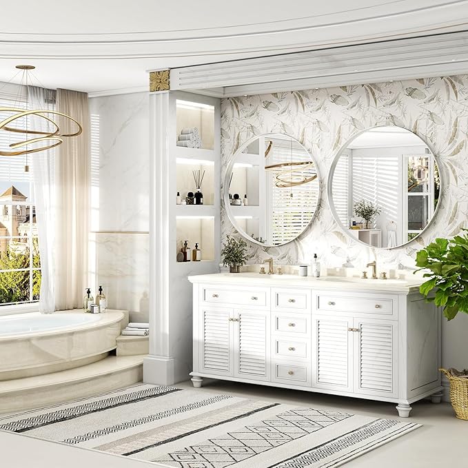 48 Inch Round Bathroom Mirror - Wall Mounted Circle Mirror with Metal Frame, Modern Mirror Suitable for Bathroom, Vanity, Entryway, Living Room, Wall Decor,Silver-Ruum Studio Home