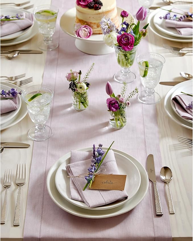 Solino Home Linen Table Runner 48 Inches - 100% Pure Linen Lilac Hemstitch Table Runner 14 x 48 Inch Ideal for Dresser and Coffee Tables - Classic Hemstitch-Ruum Studio Home