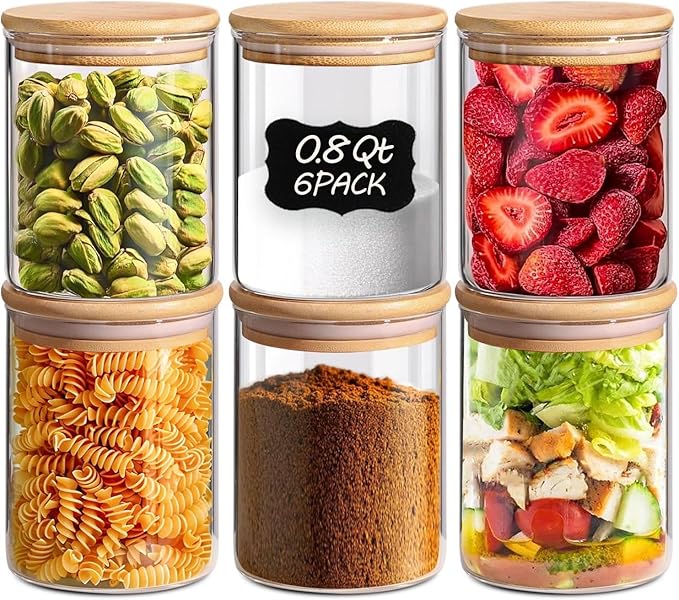 ComSaf 0.8 Qt Glass Food Storage Jars Set of 6, Clear Glass Storage Containers with Lids, Pantry Organization Jar, Spice Jar, Blooming Tea, Coffee and Sugar Container, Small Canister Set for Kitchen-Ruum Studio Home