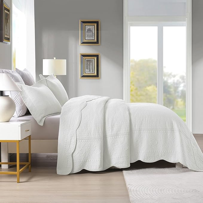 MarCielo 3-Piece 100% Cotton Oversized Bedspread Lightweight Quilt Coverlet Embroidery Farmhouse Bedding Set (TG Bright White, Oversized Queen (100"x106"))-Ruum Studio Home