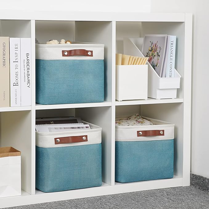 DULLEMELO Storage Baskets for Shelves, Fabric Collapsible Rectangular Storage Bins for Shelves, Closets, Nursery, Home, Empty Gift Baskets (3-Pack Medium-15 inch X 11 inch X 9.5 inch , White&Teal)-Ruum Studio Home