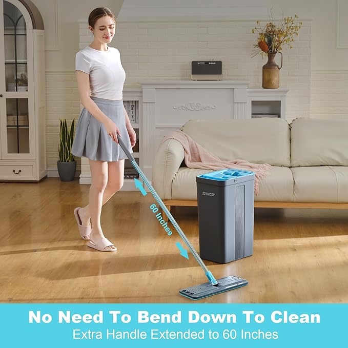 JOYMOOP Mop and Bucket Set with Wringer, Mops for Floor Cleaning, Wall Mop Cleaner with Long Handle, with 4 Reusable Microfiber Mop Pads - Grey+Cyan Blue-Ruum Studio Home