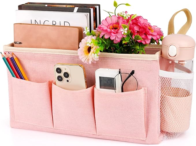 Bedside Organizer with Fixed Straps and Water Bottle Holder for Home, College, Dorm, Bunk, Hospital, Crib, Bed Rails - Pink-Ruum Studio Home