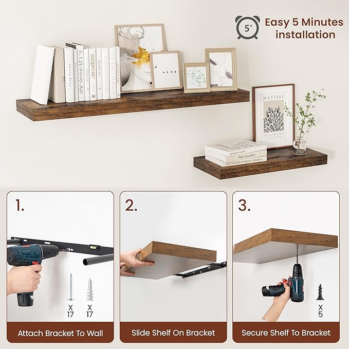 12" Deep Floating Shelves for Wall 24 Inches Long, Heavy Duty Wall Shelves for Bedroom Bathroom Kitchen Laundry Room, Farmhouse Rustic Shelves for Home Decor, 24" X 12" X 2" Set Of 2, Rustic Brown-Ruum Studio Home
